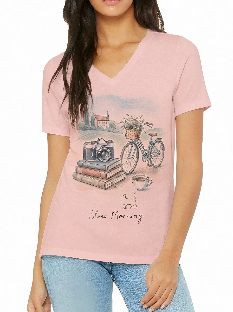 Women's Slow Morning Bicycle Camera Books Printed V-neck T-shirt