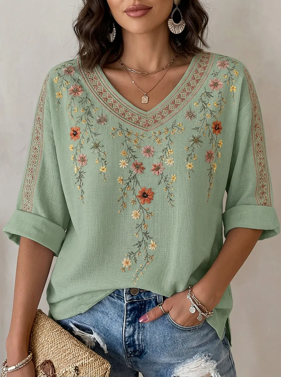 Women's Floral Boho V-Neck Embroidered Printed Short Sleeve T-Shirt