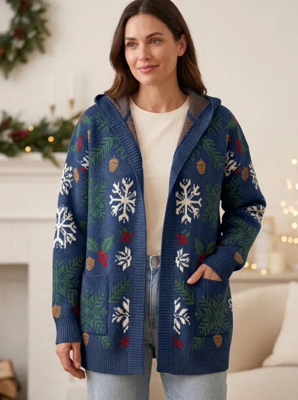 Christmas Snowflake Holly Pinecone Pattern Print Hooded Cardigan
