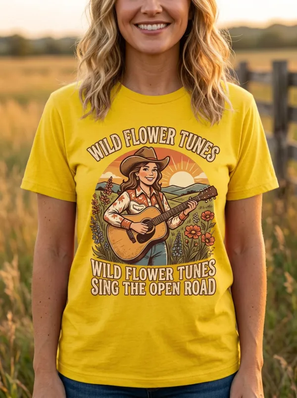 Rustic Guitar Cowgirl Country Music Crewneck T-Shirt