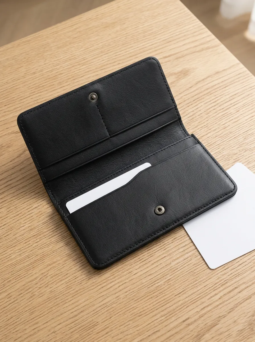 Black Leather Snap Button Phone Card Holder