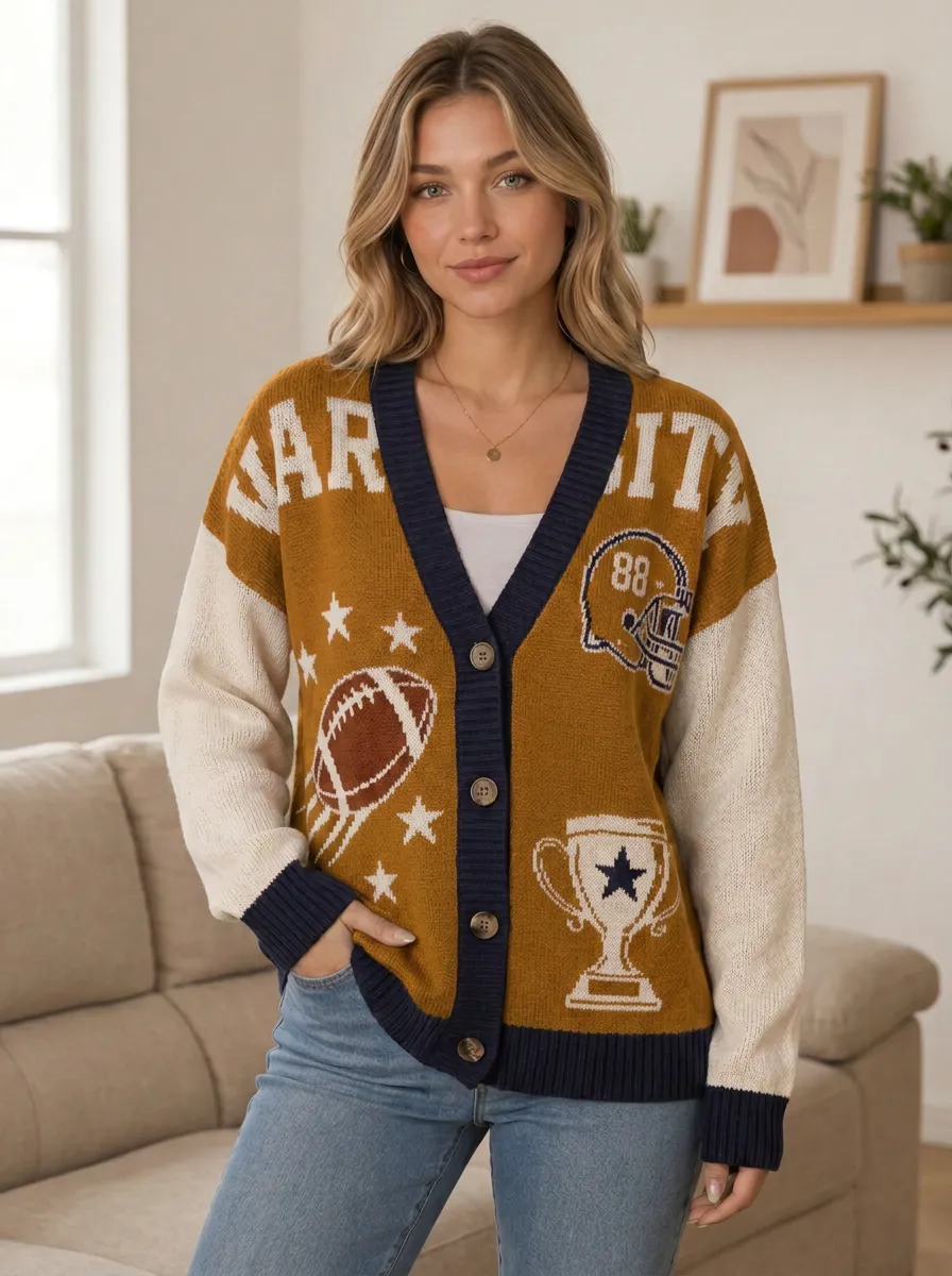 Women's Classic Heritage Inspired Gridiron Helmet Trophy Ball Knit Cardigan