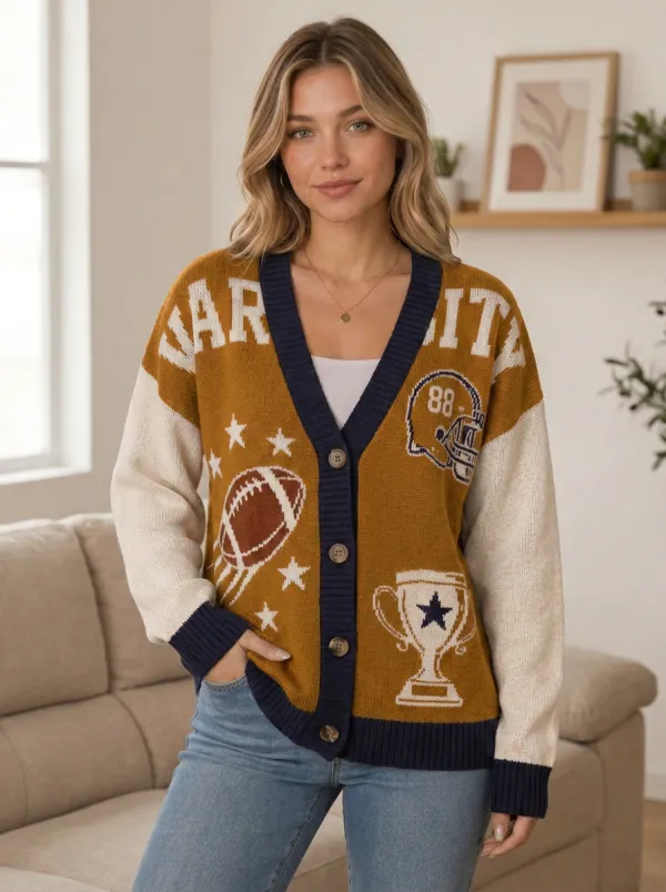 Women's Classic Heritage Inspired Gridiron Helmet Trophy Ball Knit Cardigan