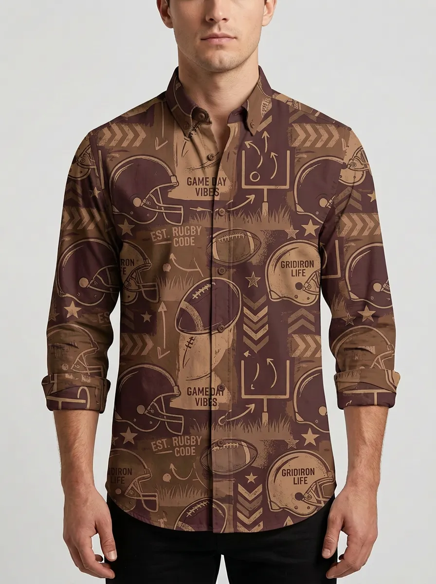 Men's American Football Lover Gridiron Helmet Printed Button-down Shirt