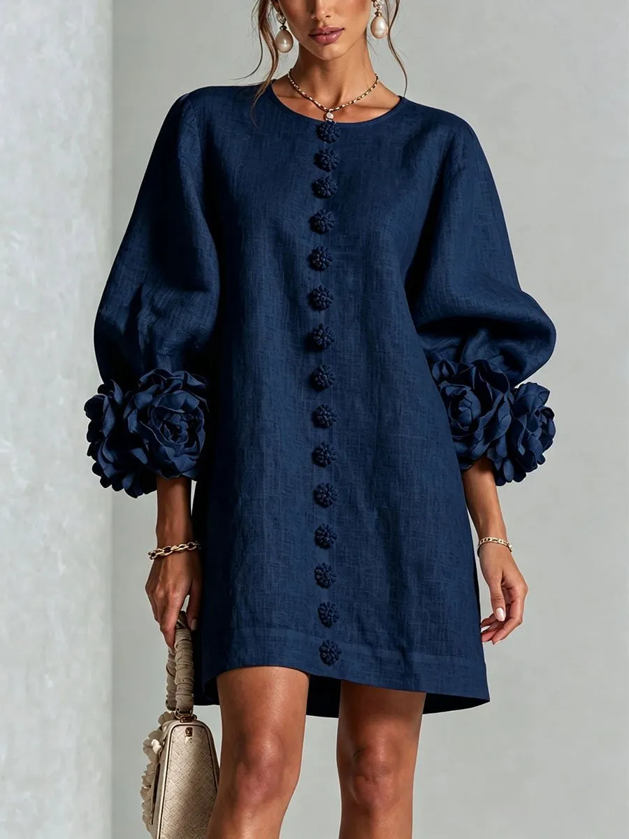 Printed 3D Floral Button-Front Mini Dress