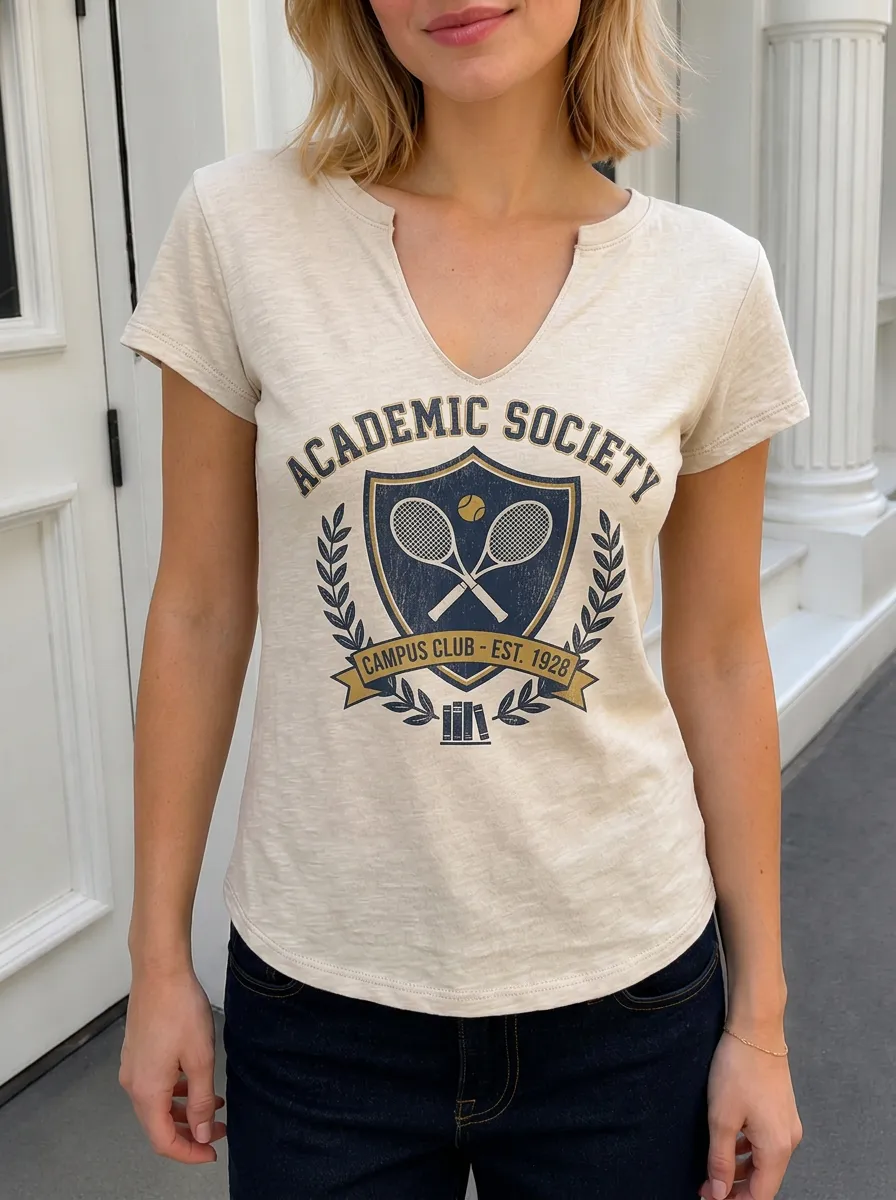 Women's Tennis Lover Academic Society Shield Printed V-neck T-shirt
