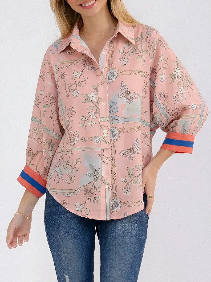 Women's Vintage Floral Butterfly Chain Printed Button-up Shirt