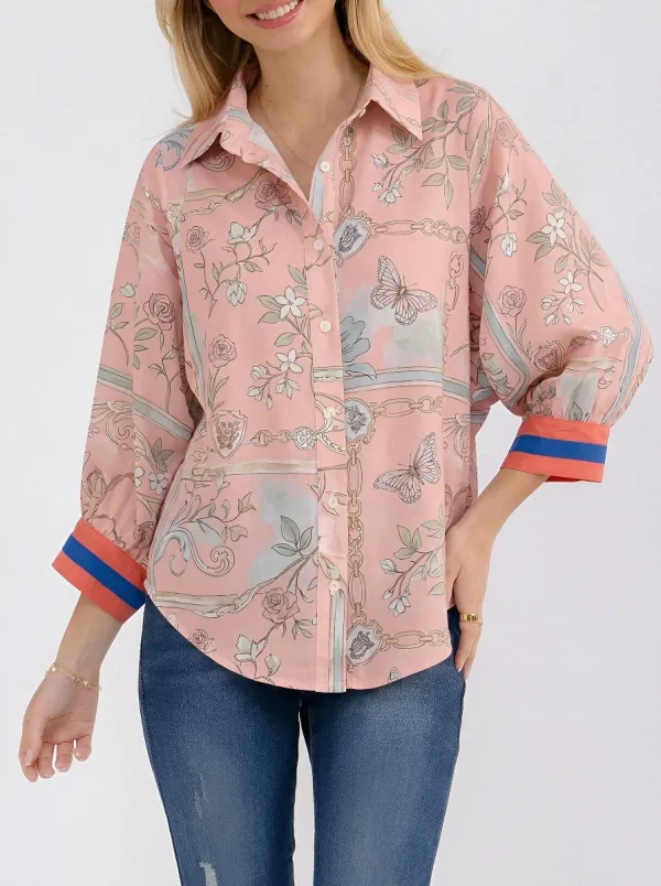 Women's Vintage Floral Butterfly Chain Printed Button-up Shirt
