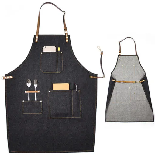 Everyday Denim Leather Strap Kitchen Work Apron