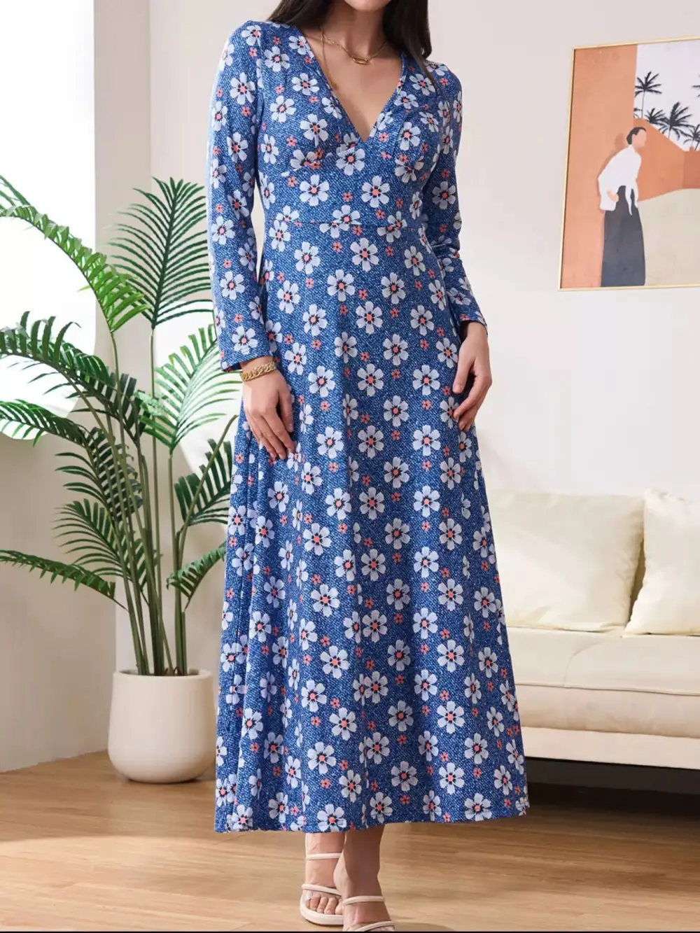 V-Neck Long Sleeve Midi Dress