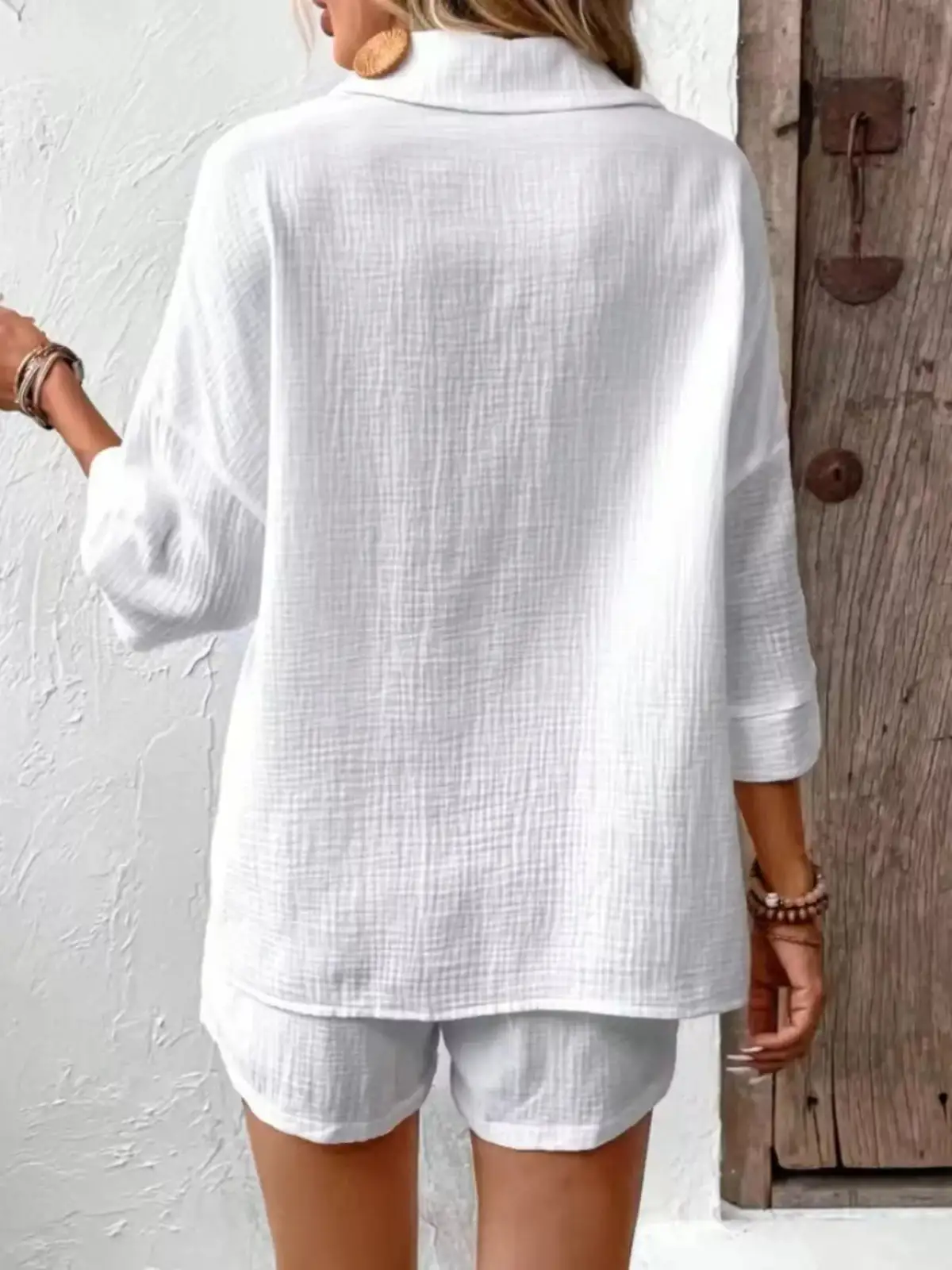 Button-Detail Pocketed Cotton Top and Shorts Matching Set