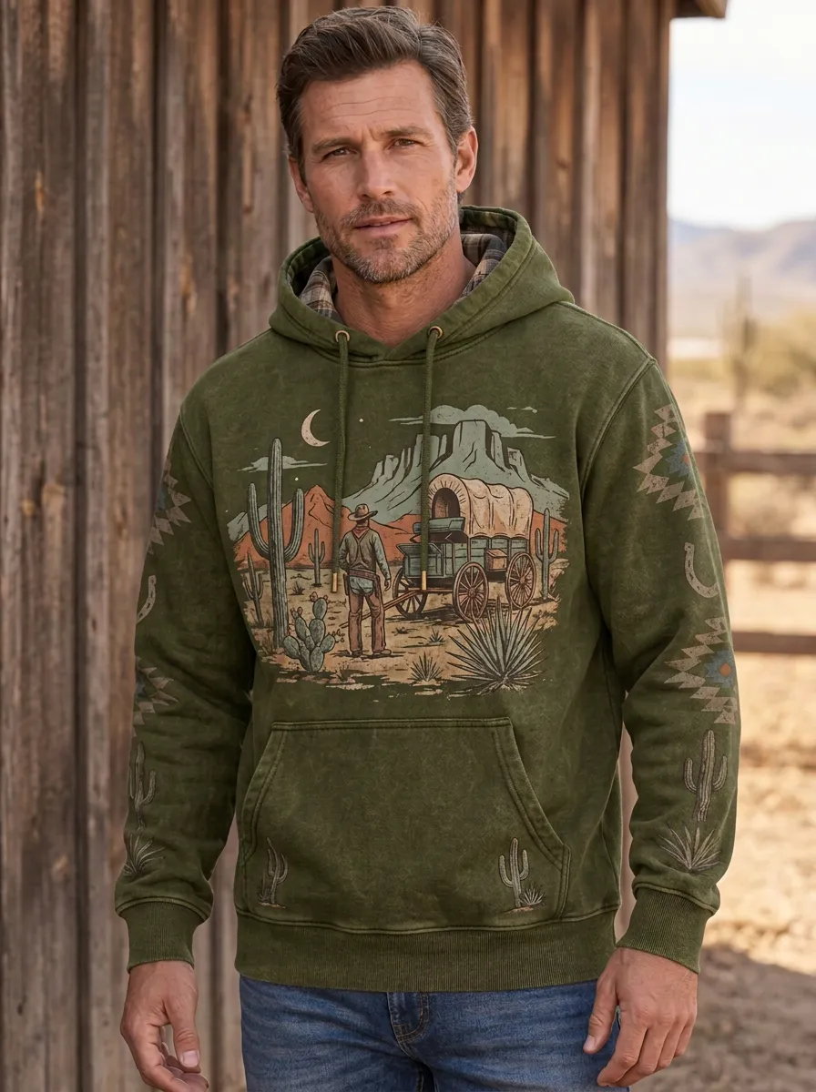 Men's Western Cowboy Cactus Wagon Graphic Hoodie