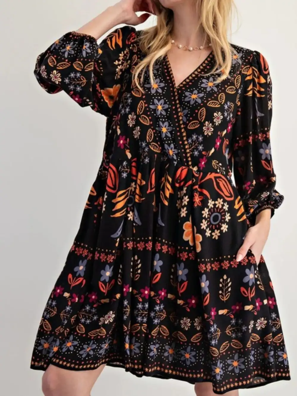 Structured Shape Floral Printed Long Sleeve Mini Dress