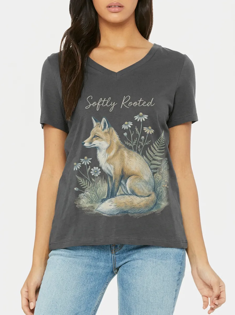 Women's Nature Lover Softly Rooted Fox Daisy Printed T-shirt