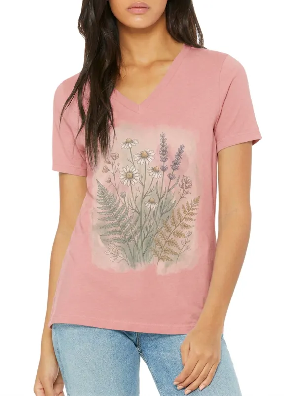 Women's Botanical Nature Lover Daisy Lavender Fern Printed V-neck T-shirt