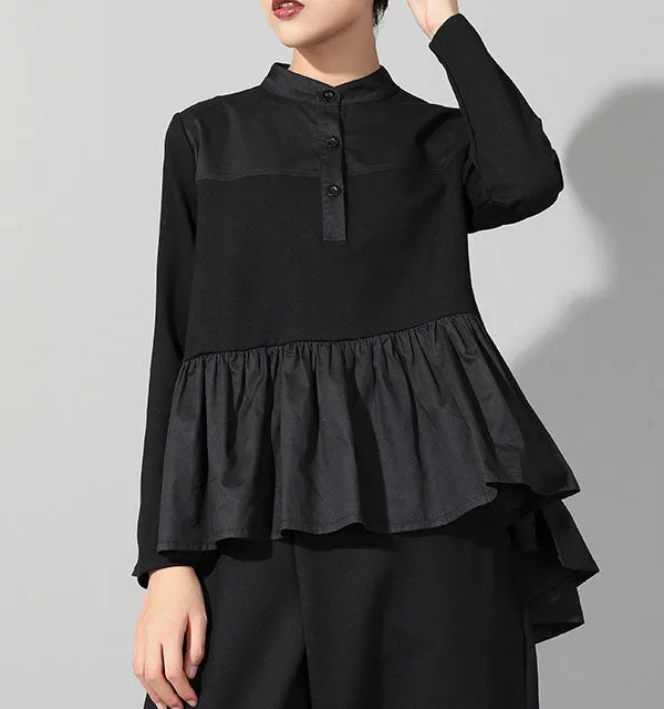 Creation Long Sleeve Relaxed Falbala Panel Detail Stand Collar T-Shirt