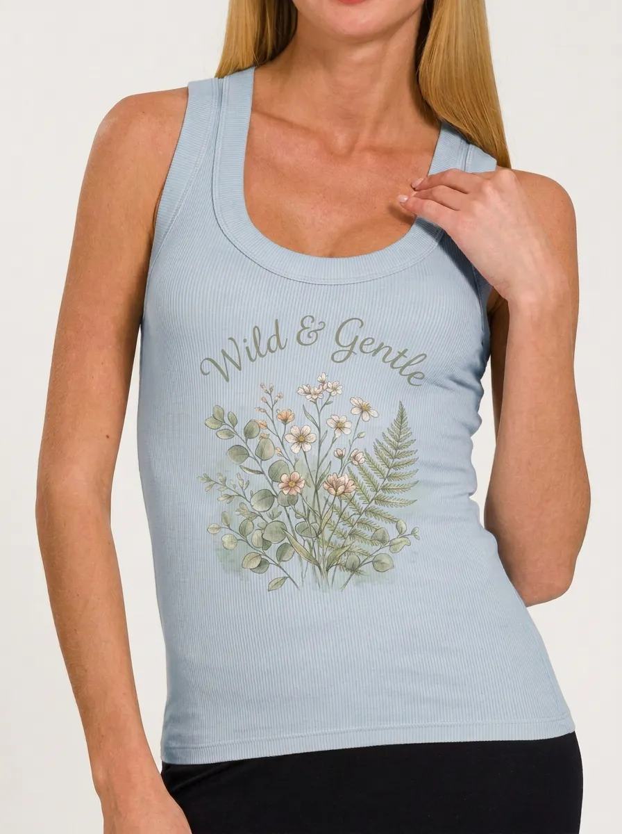 Women's Wild & Gentle Floral Fern Printed Ribbed Tank Top