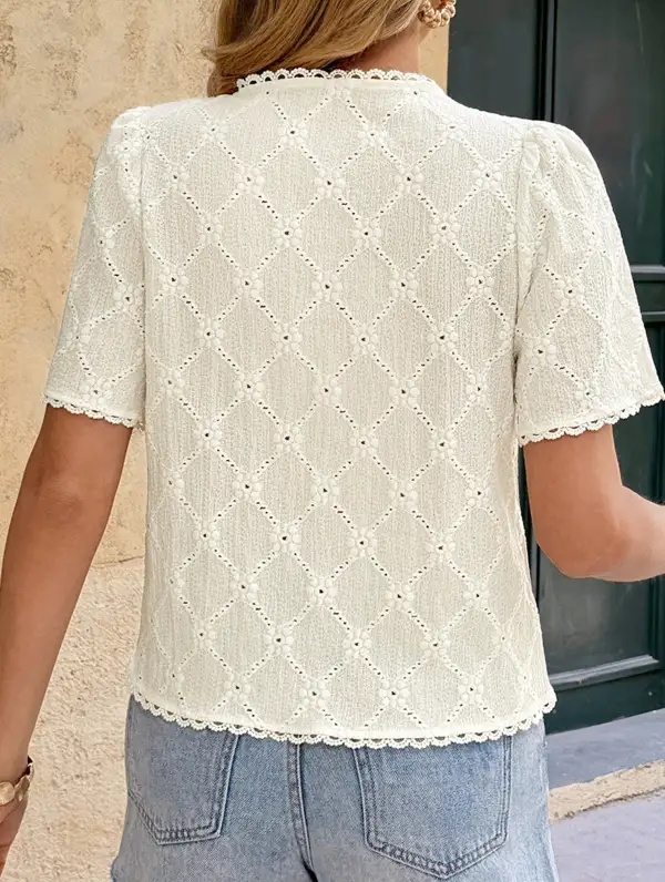 V Neck Lace Trim Jacquard Blouse