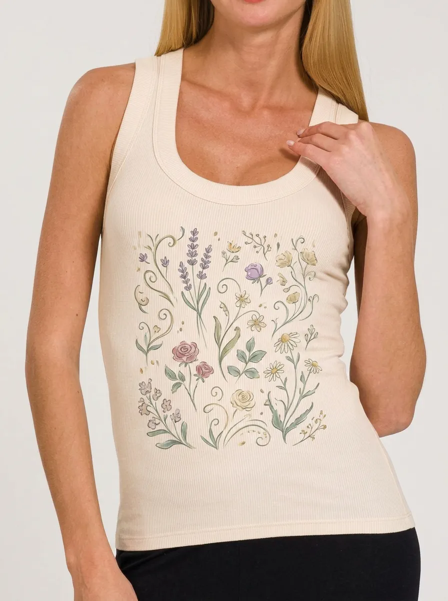Women's Botanical Garden Floral Printed Ribbed Tank Top