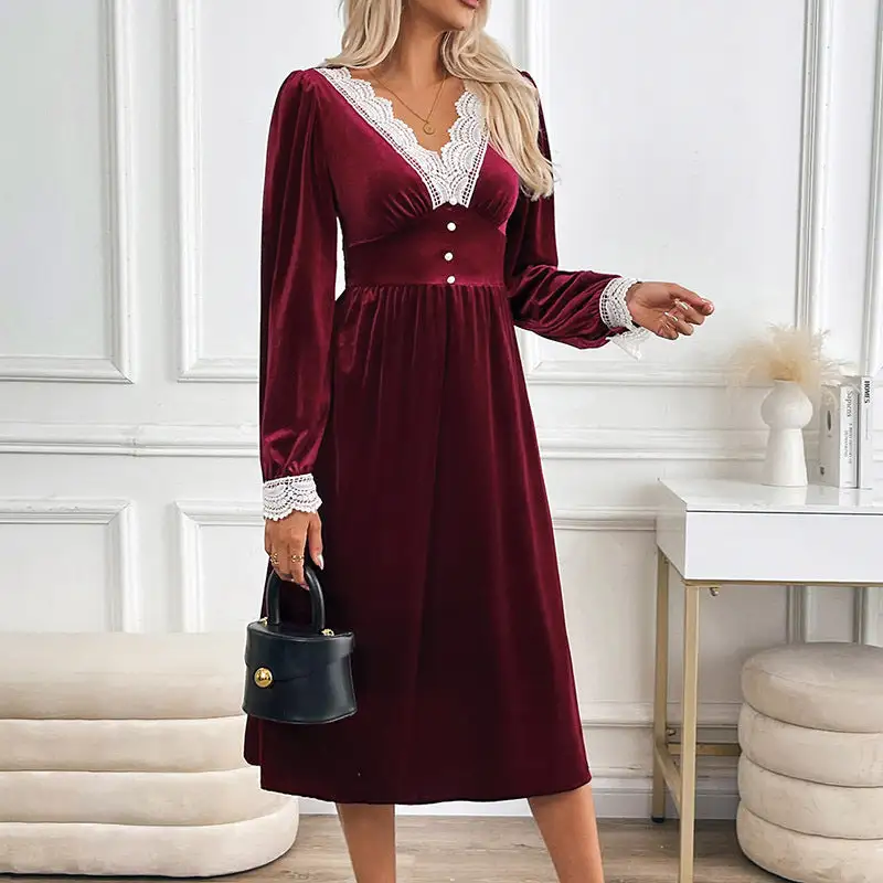 Women's V-Neck Long-Sleeve Lace Button-Detail Dress
