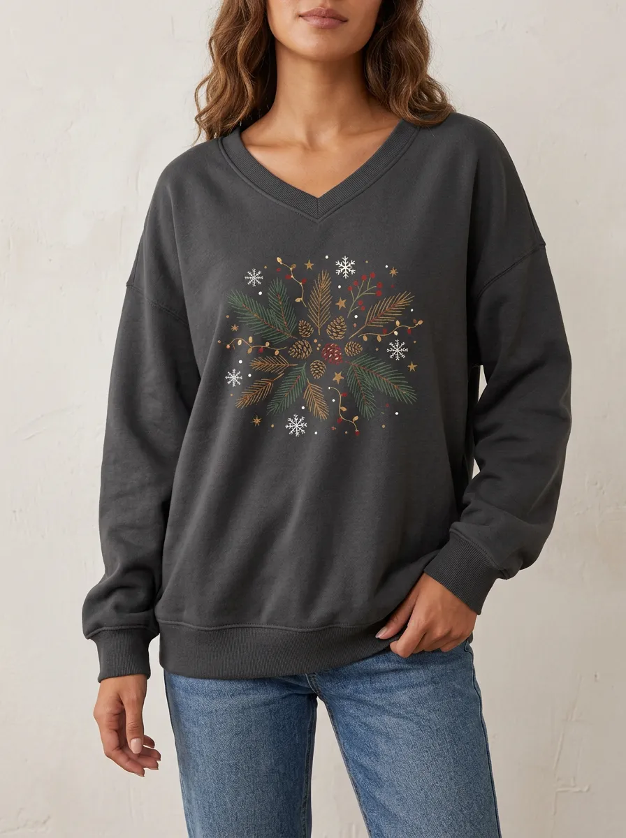 Christmas Pinecone Snowflake Print V-Neck Sweatshirt