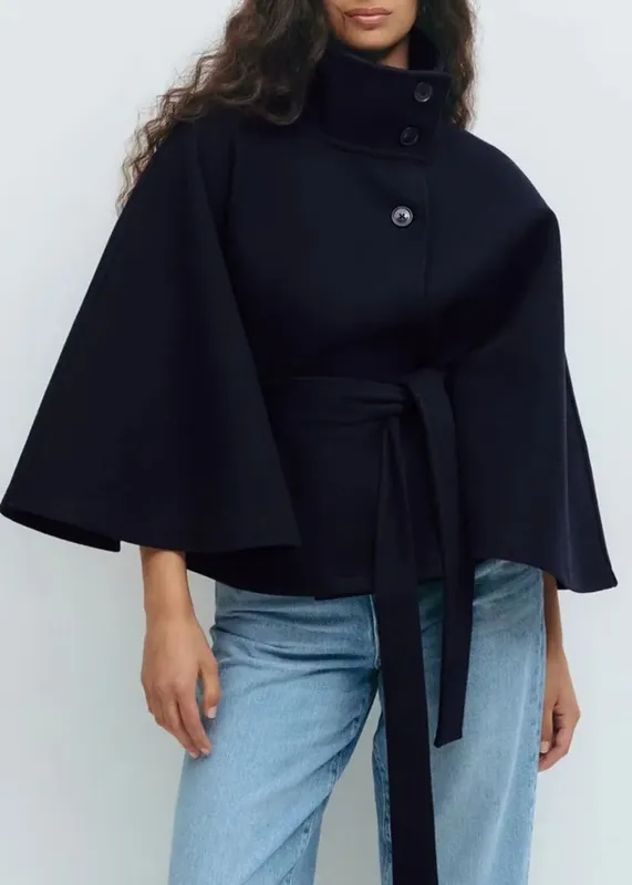 Spring Belted High-Neck Cape Coat