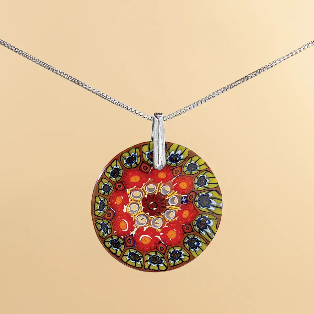 Glass Mosaic Floral Pendant Necklace