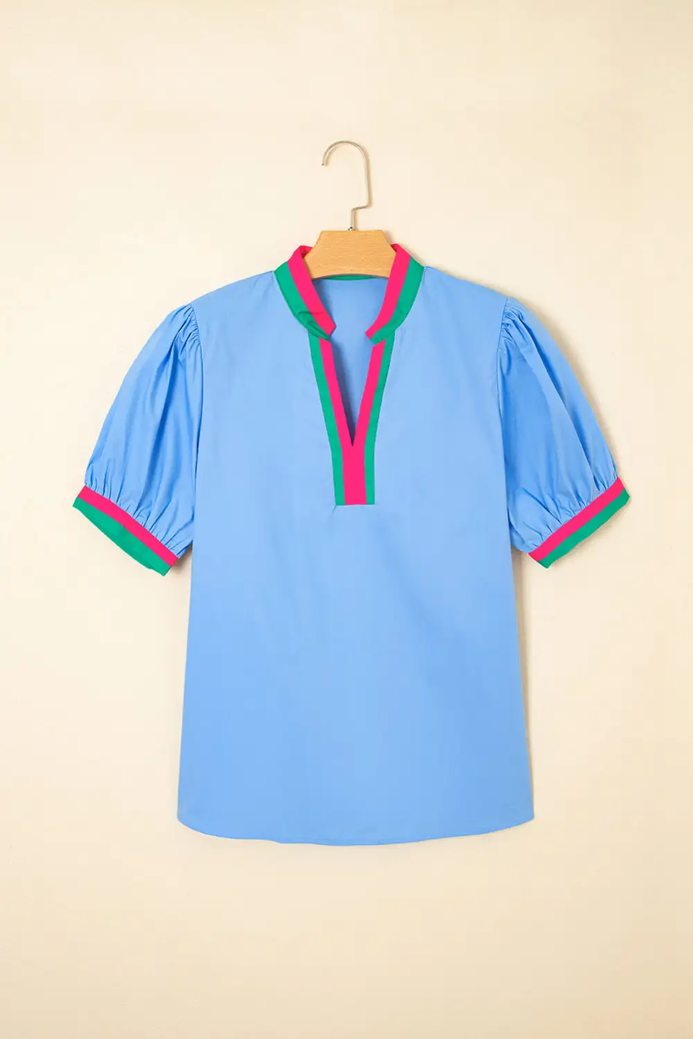 Striped V-Neck Puff Sleeve Blouse