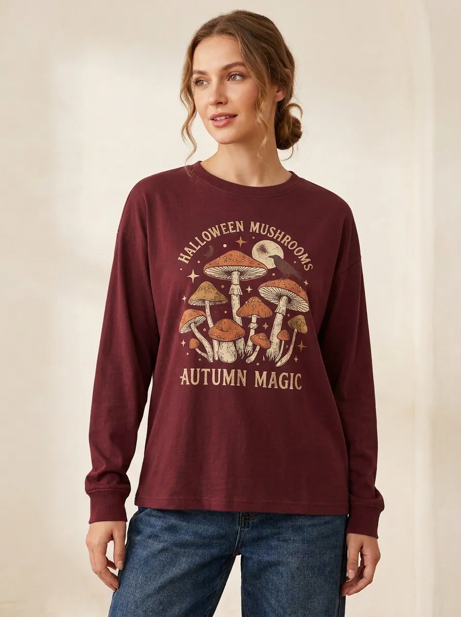Women's Halloween Autumn Magic Mushroom Crow Printed Long Sleeve T-shirt
