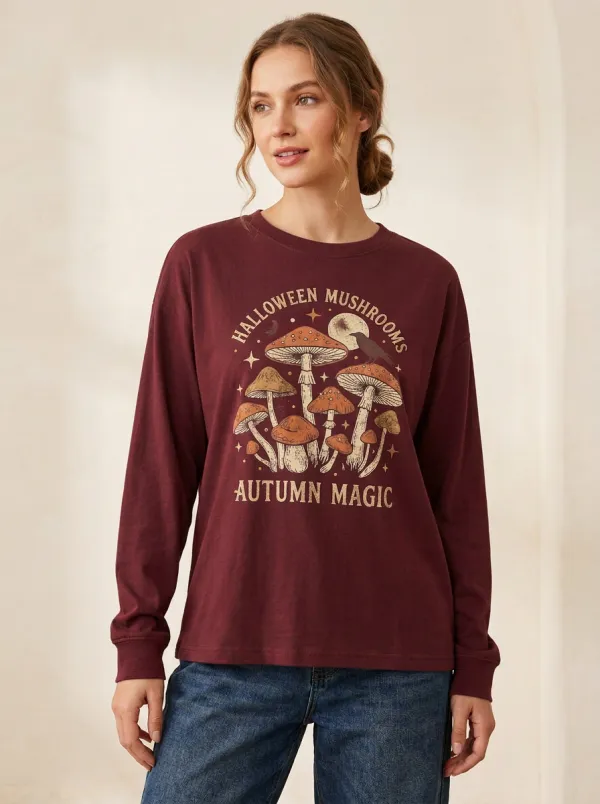 Women's Halloween Autumn Magic Mushroom Crow Printed Long Sleeve T-shirt