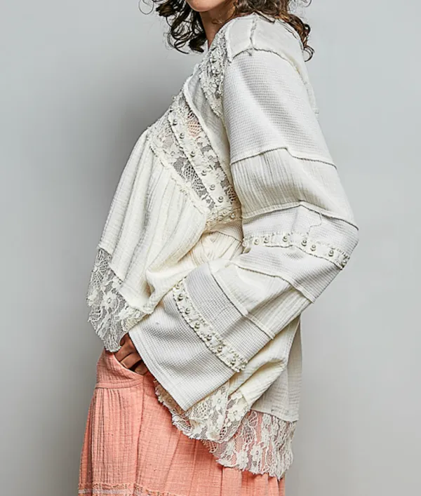 Lace Detail V Neck Double Gauze A Line Top
