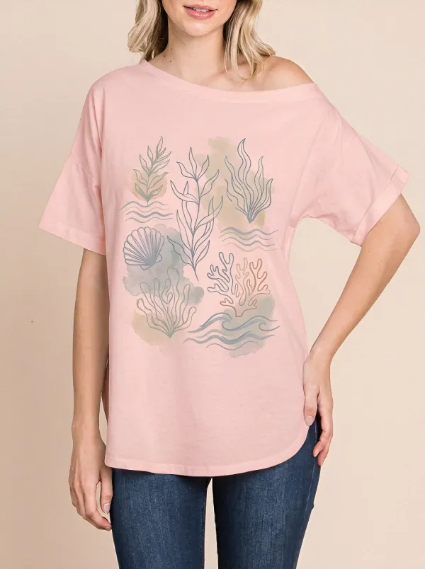 Women's Beach Lover Watercolor Coral Shell Printed T-shirt