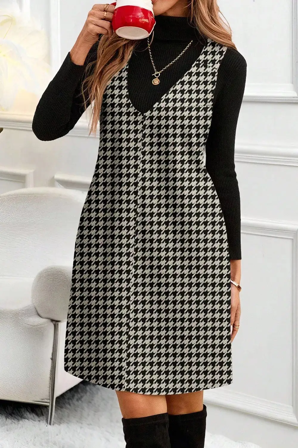 Houndstooth V Neck Sleeveless Mini Dress