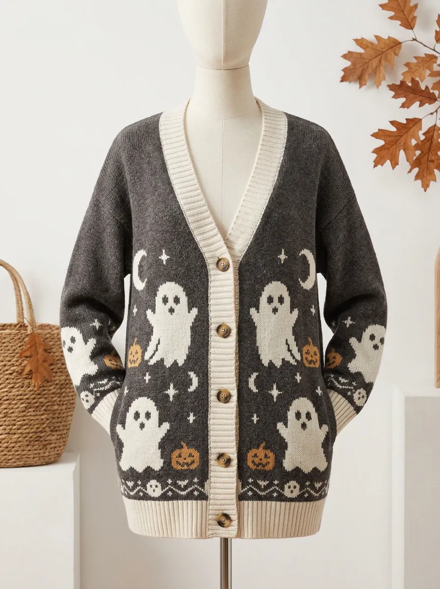 Women's Halloween Ghost Pumpkin Moon Pattern Knitted Cardigan