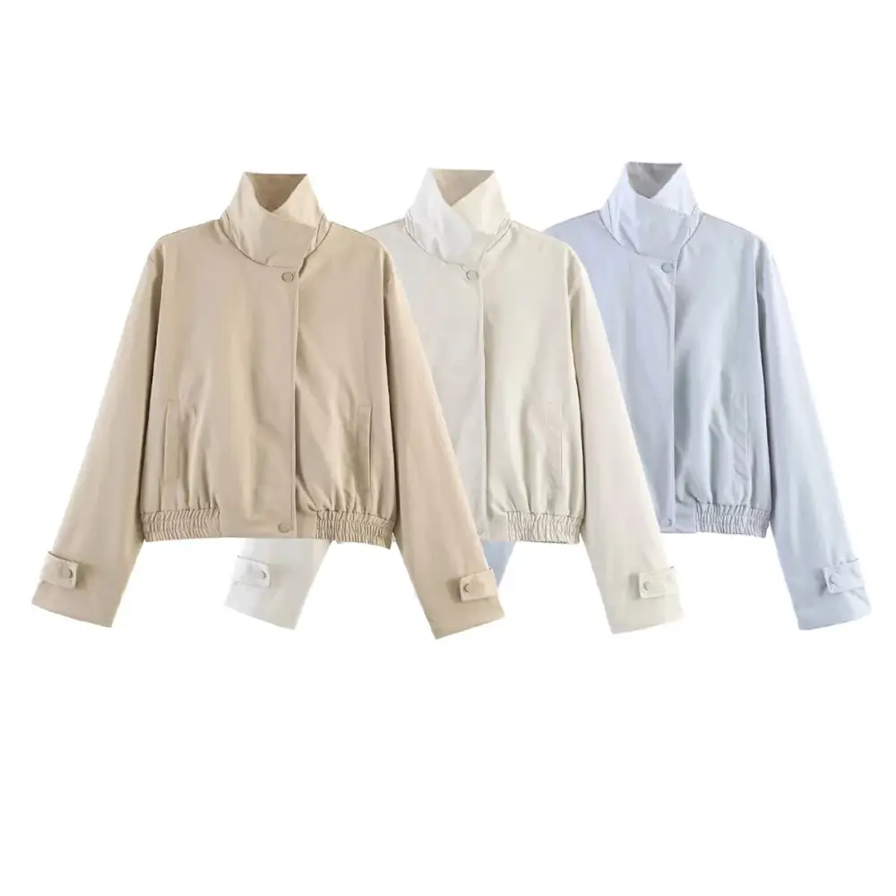 Cropped Stand Collar Snap Front Elastic Hem Bomber Jacket