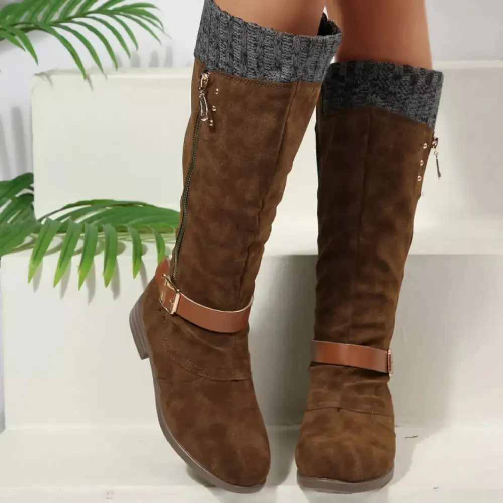 Ruffled Round Toe Block Heels Boots