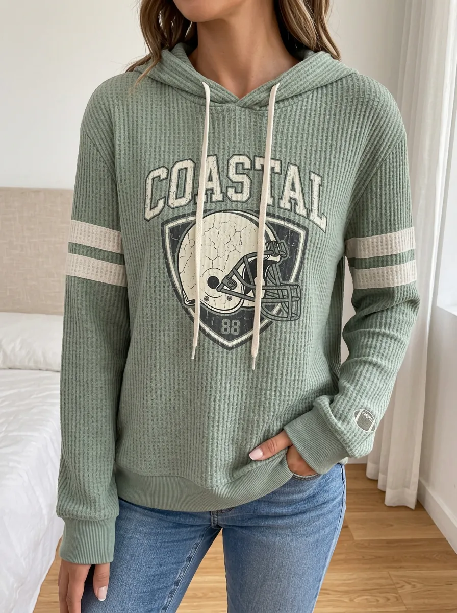 Women's Football Fan Coastal Helmet Printed Waffle Hoodie
