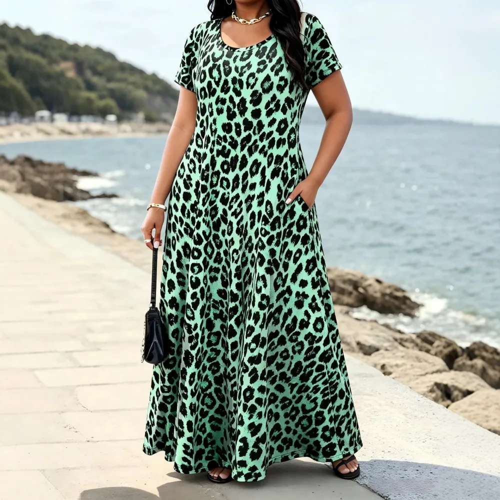 Hot Sale -60% OFF-Women's Leopard Print Maxi Dress with Pockets Casual Short Sleeve Long Dress