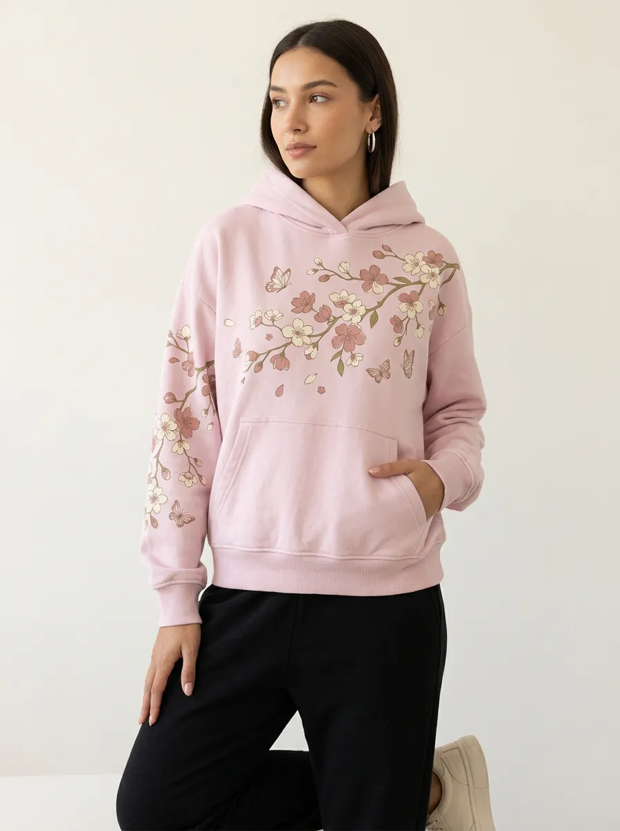Women's Cherry Blossom Butterfly Floral Printed Hoodie