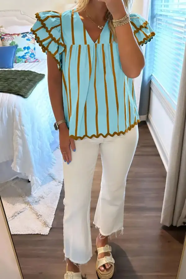 V-Neck Ruffled Striped Blouse