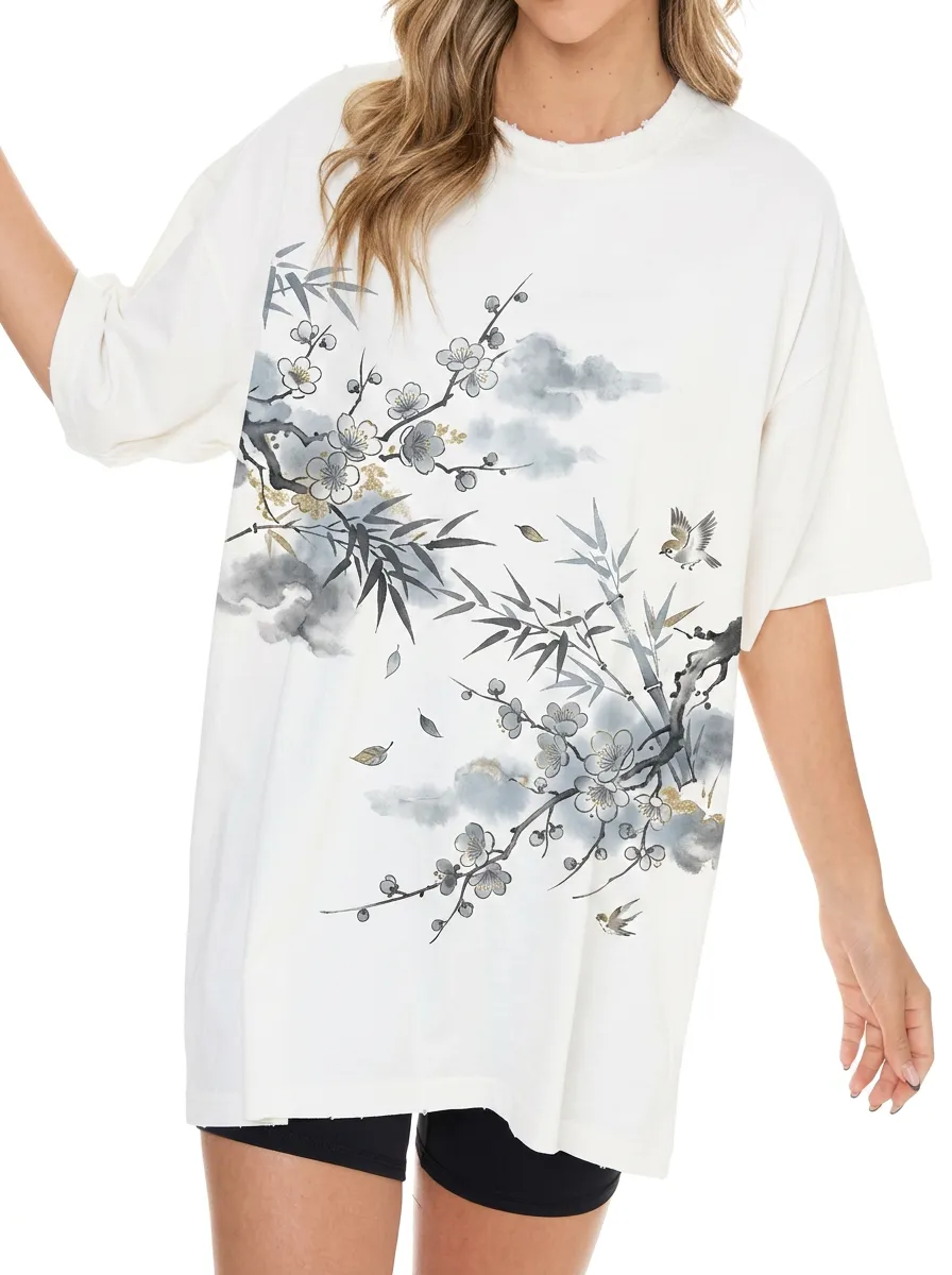 Women's Oriental Art Lover Plum Blossom Bamboo Bird Printed T-shirt