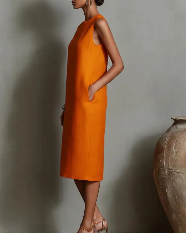 Linen Blend Sleeveless Crew Neck Midi Dress