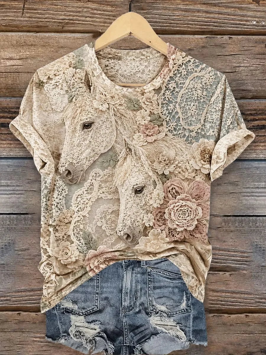 Women's Vintage Horse Art Print Casual T-Shirt