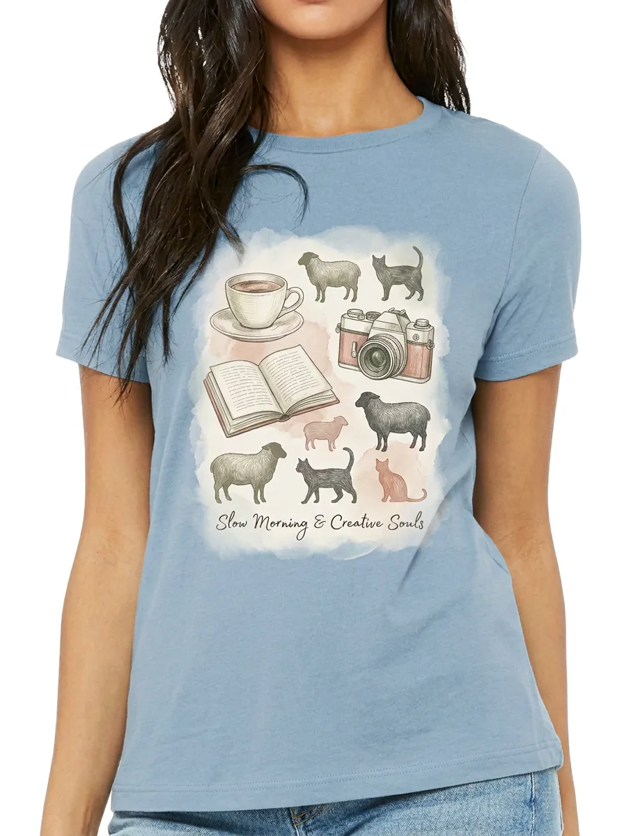 Women's Creative Soul Sheep Cat Camera Book Printed T-shirt