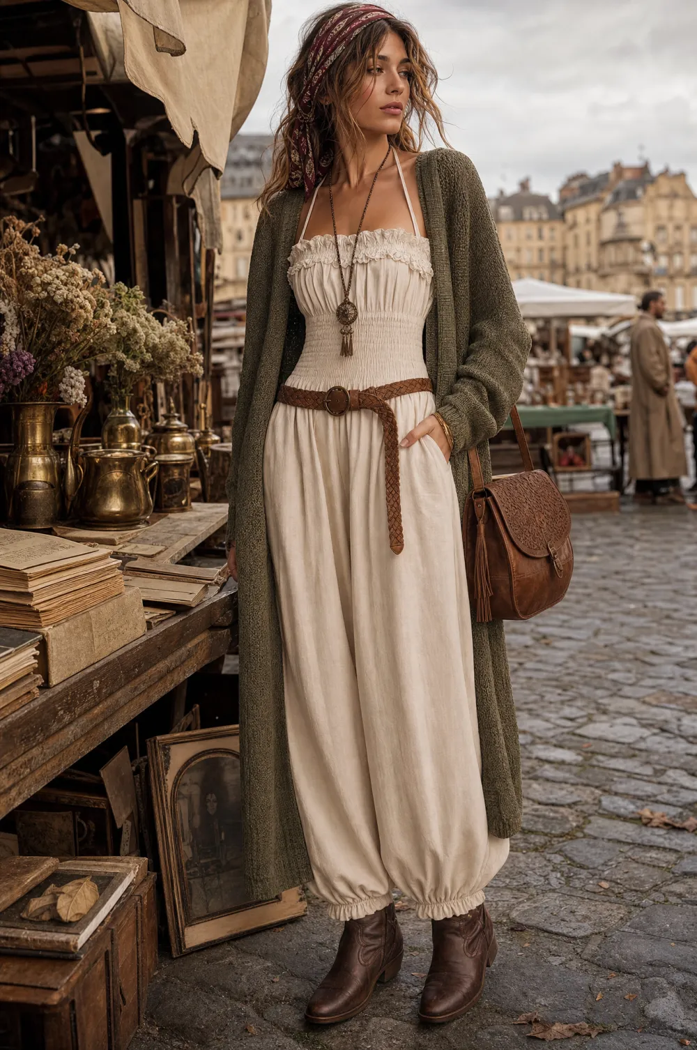 Bohemian Lace-Trimmed Linen-Blend Halter Harem Jumpsuit