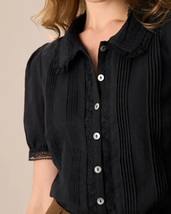 Black Chelsea Collar Lace Trim Cotton Blouse