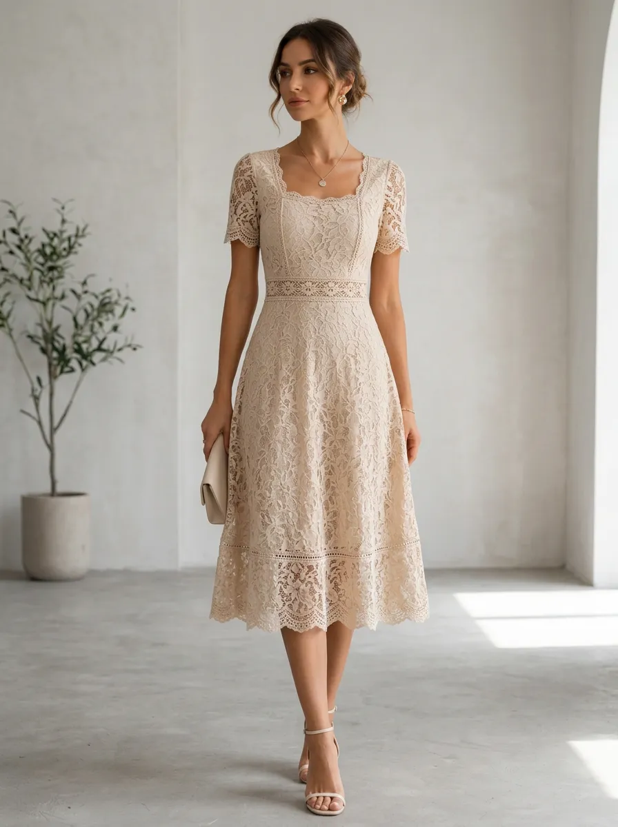 Women's Elegant Vintage Floral Lace Patterned Midi Dress