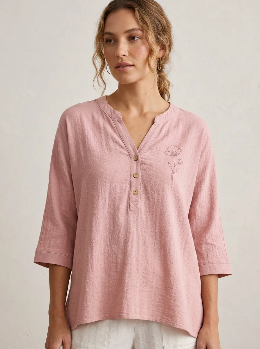 Women's Minimalist Floral Cotton And Cotton And Linen Art Printed Pink Henley Top