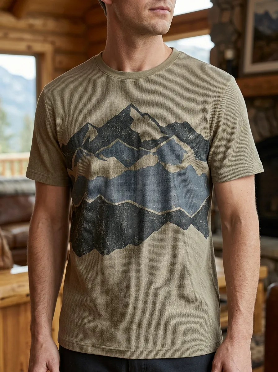 Men's Outdoor Adventure Mountain Landscape Waffle Crew Neck T-Shirt