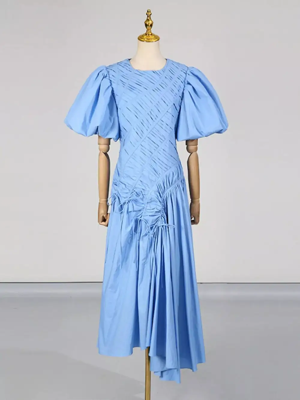 Puff Sleeve Ruched Midi Dress